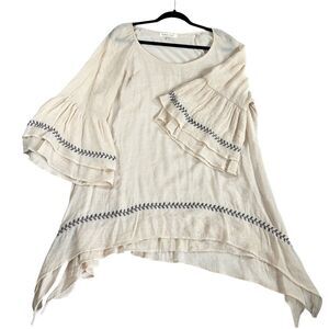 Plus Size Boho Top 2XL Crinkle Lined Gauze Tiered Ruffles Peasant Neck Hi Lo Hem